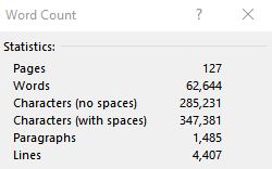 A screencap of the Microsoft Word word count dialogue box the the stats for the final version of Chapter 3.

Pages: 127
Words: 62,644
Characters (no spaces): 285,231
Characters (with spaces) 347,381
Paragraphs: 1,485
Lines: 4,407

The hard sprint to the finish line is ON, baby! WHOOT!