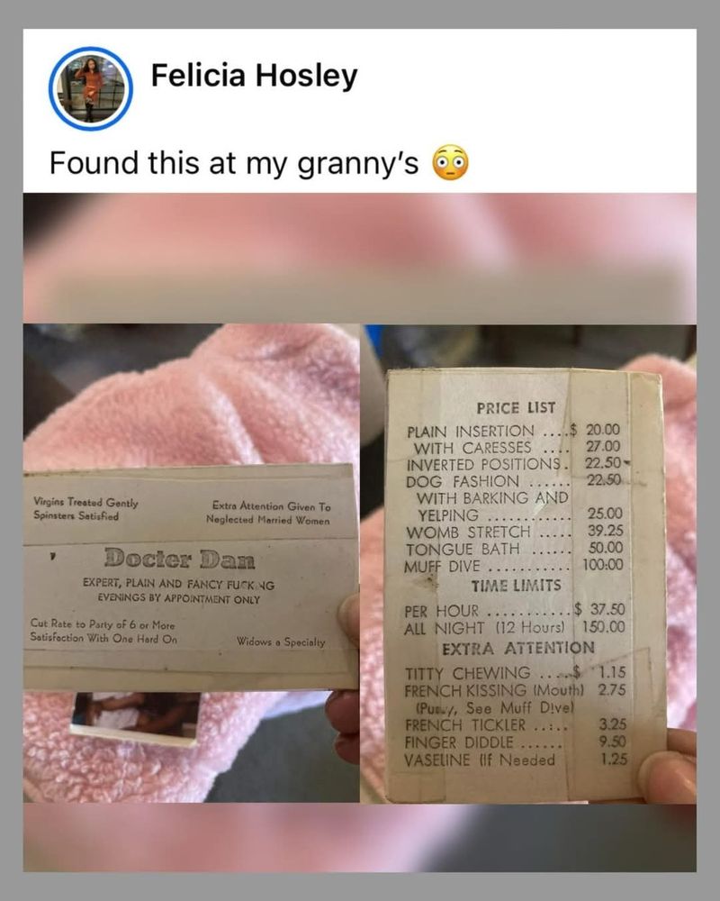 A Picture showing  card of man named Doctor Dan who ran a sex work business with the prices of services on the back. 