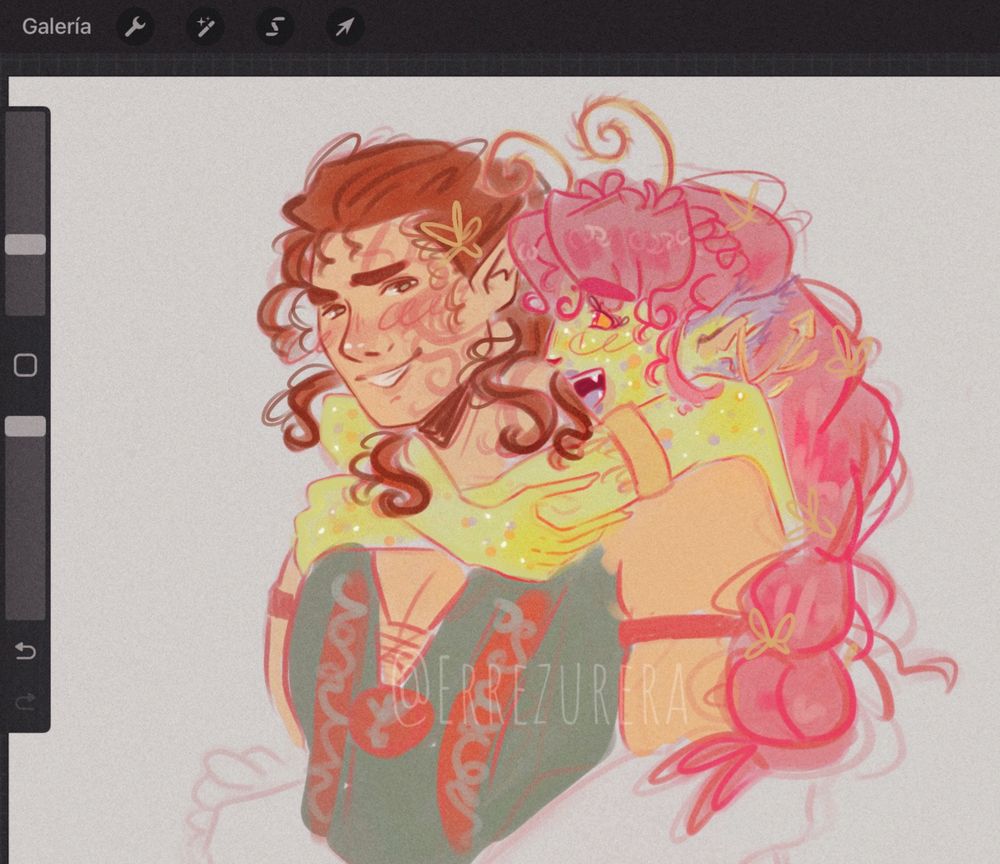 Doodle of my OC Maple with Halsin from BG3. Maple is a moth fairy with green skin and colorful dots, pink hair in two braids, and pink eyes. She has fangs and antennae and she’s hugging Halsin from behind. Halsin is an elf druid with medium brown hair, smiling at her and holding her close. He has a red tattoo on his face.