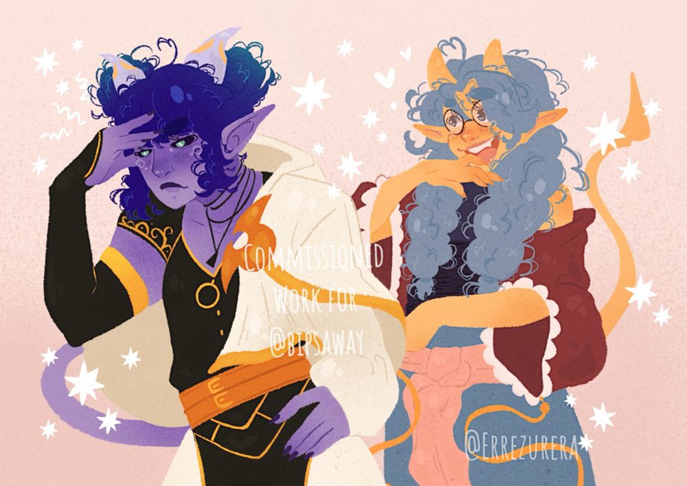 Commission of two D&D characters: two tieflings. One has purple skin with bluish hair styled in two buns, wearing black and white armor. The other has yellow skin with blue hair in two thick braids, dressed in blue pants and a red kimono-style robe. Both have horns and tails. The purple one looks irritated, annoyed by something the yellow one did.