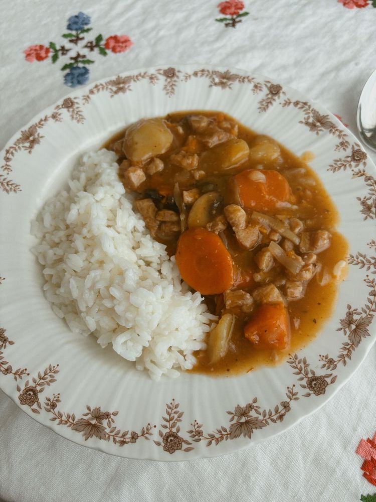 Vegan stew with white rice.