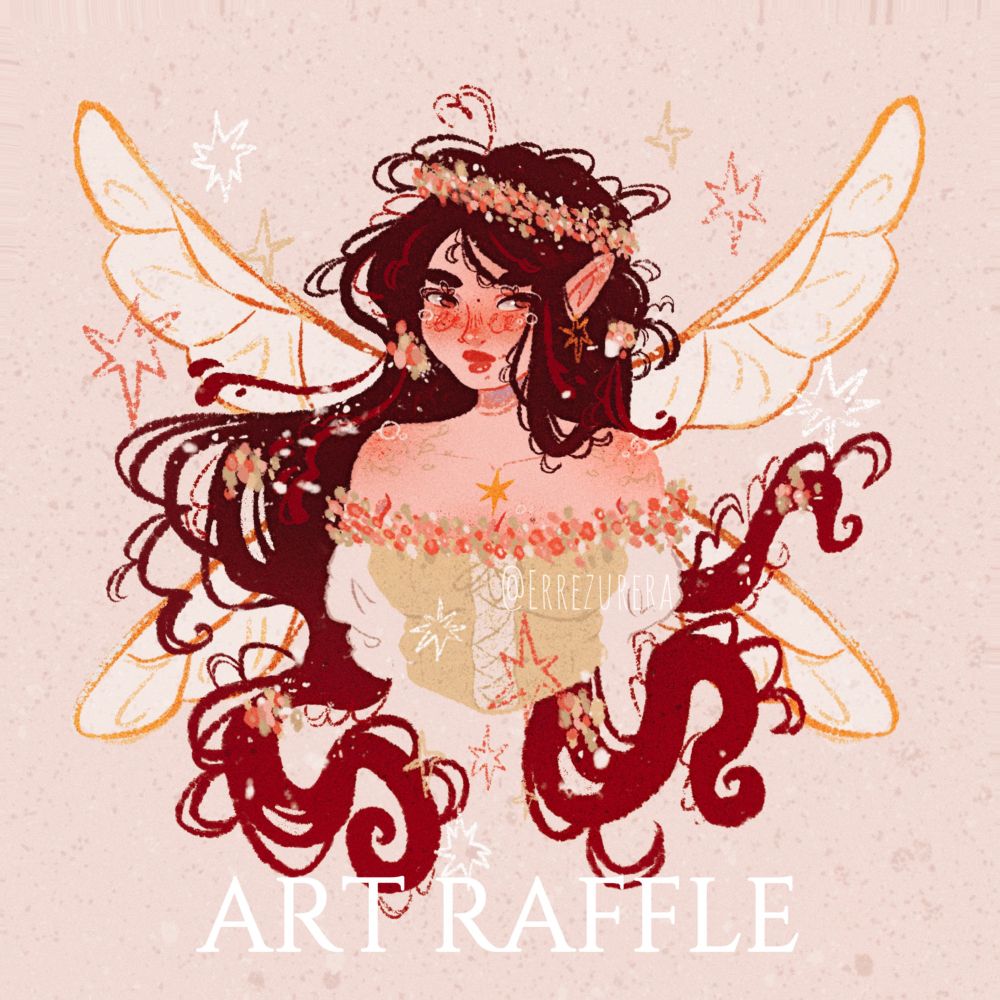 Illustration of a red haired fairy with long hair, brown eyes and golden wings. She’s wearing a green corset with pink flowers. The words “Art Raffle” can be seen on the top bottom and there’s colourful stars floating around her.