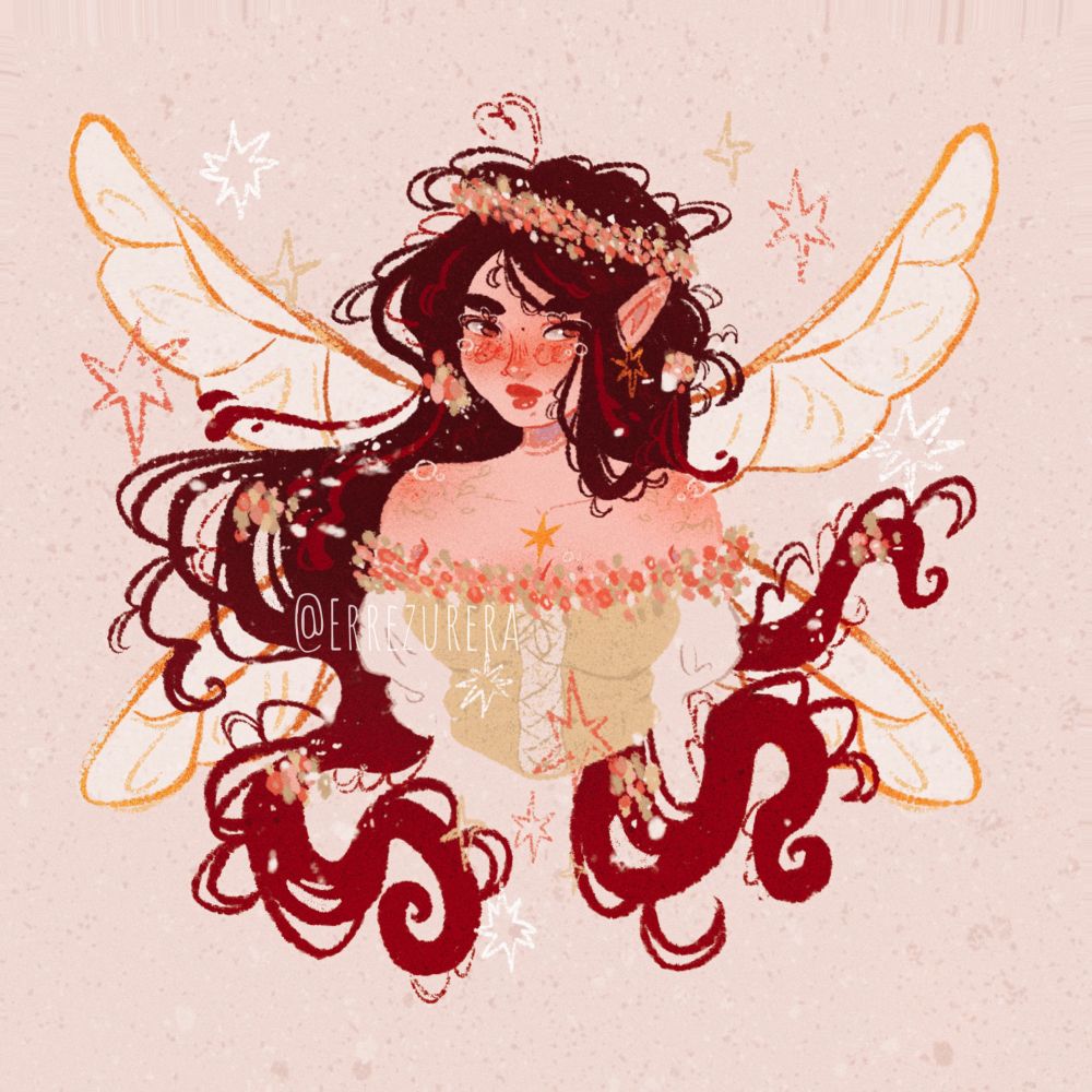 Illustration of a red haired fairy with long hair, brown eyes and golden wings. She’s wearing a green corset with pink flowers and there’s colourful stars floating around her.