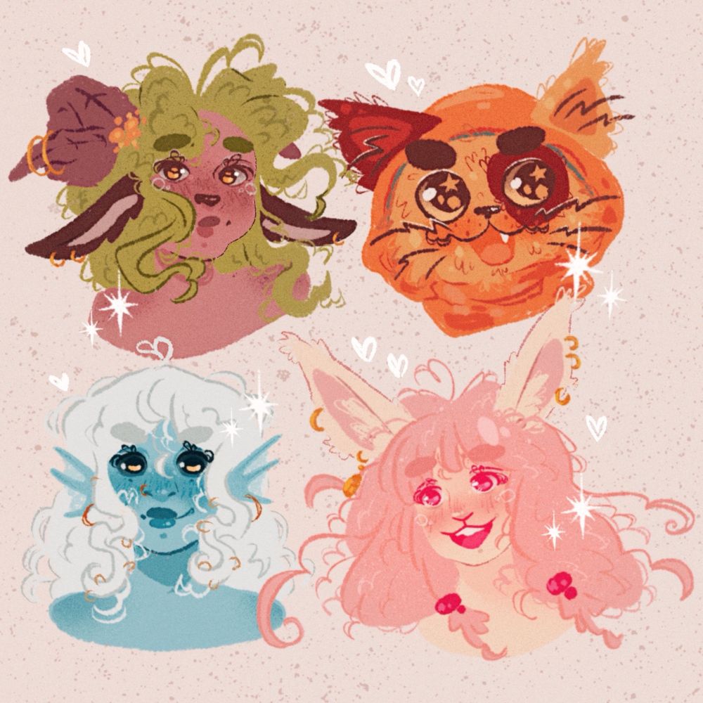 An illustration with four character busts: a faun with green hair, a small orange tabaxi resembling a cat, a siren-like genasi with blue skin and a harengon with pink hair and long bunny ears.