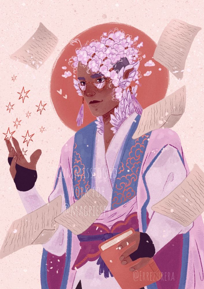 Commission of an Aasimar: a black man with purple eyes and glasses. He has small wings on his ears, and his hair resembles clouds. He wears robes in shades of purple, blue and pink and he’s holding a book with pages floating around him. 