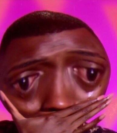 Meme of a person with a filter on their face (bug eyes). They’re crying, hand over their mouth.