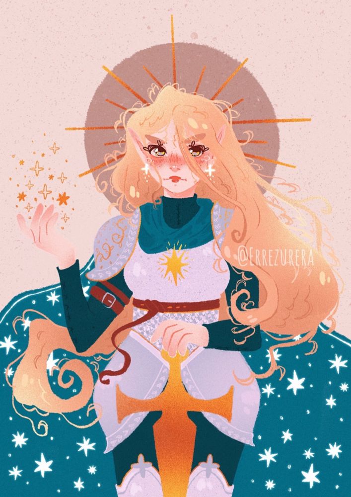 Fanart of Aelin Galathynius from Throne of Glass. A blonde elven woman with blue eyes wearing an armour. She wields a golden sword, her flowing cape adorned with stars. A golden halo encircles her head. 