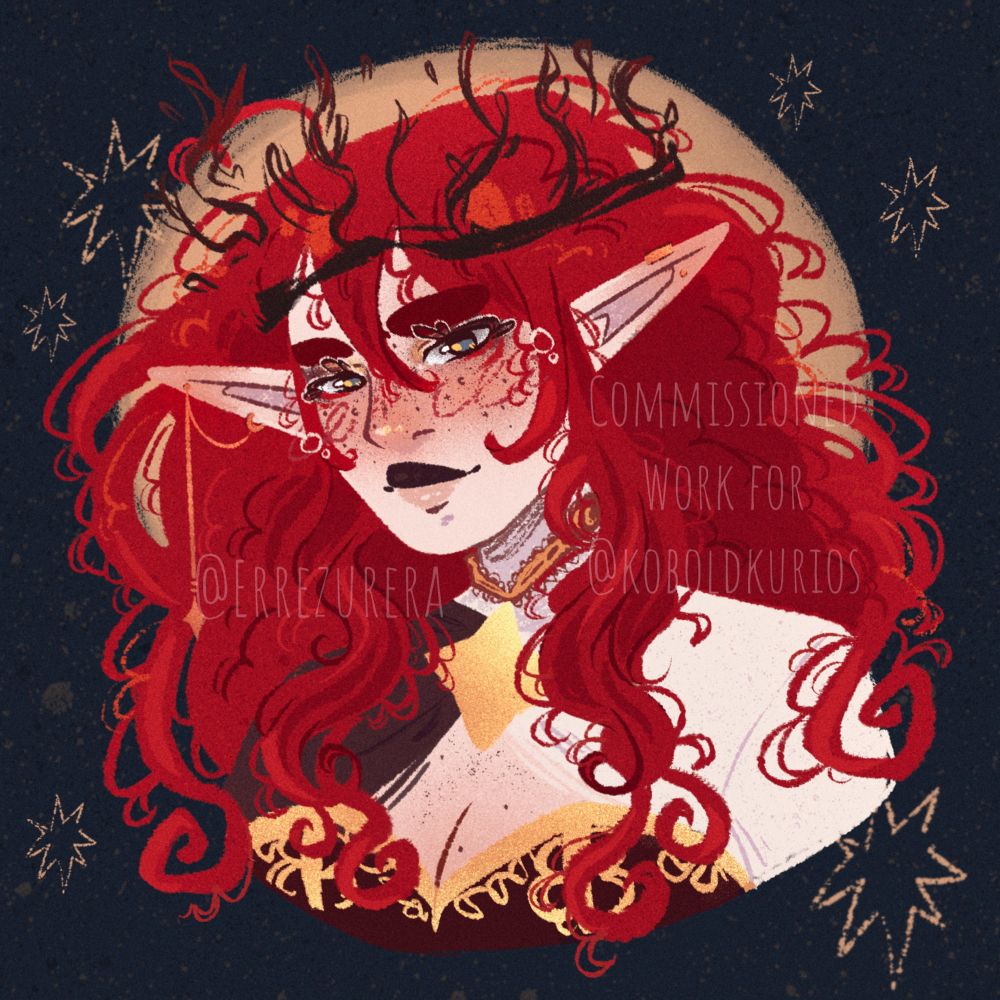Commission bust of a redhaired woman with pointy elf ears and piercings. She has freckles, some shaped like moons and stars, and wears gold and black makeup along with robes featuring golden details. She also wears a thorn crown.