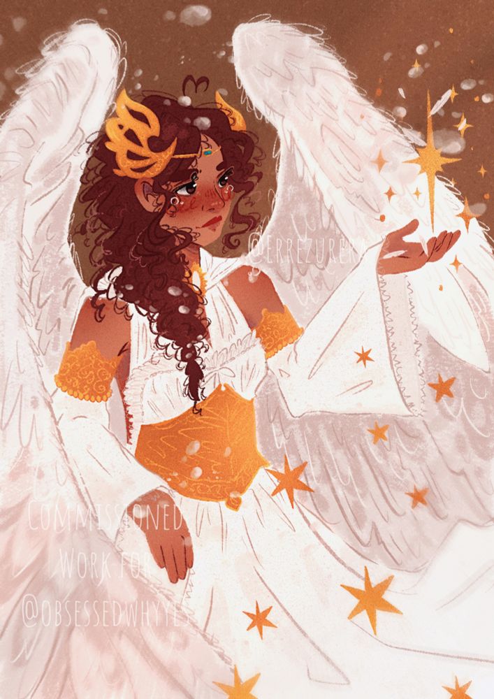 Commissioned work of an aasimar woman with brown eyes and braided hair. She has white wings and wears white robes with a golden corset, bracelets and a diadem. Her hand is outstretched, casting light magic.