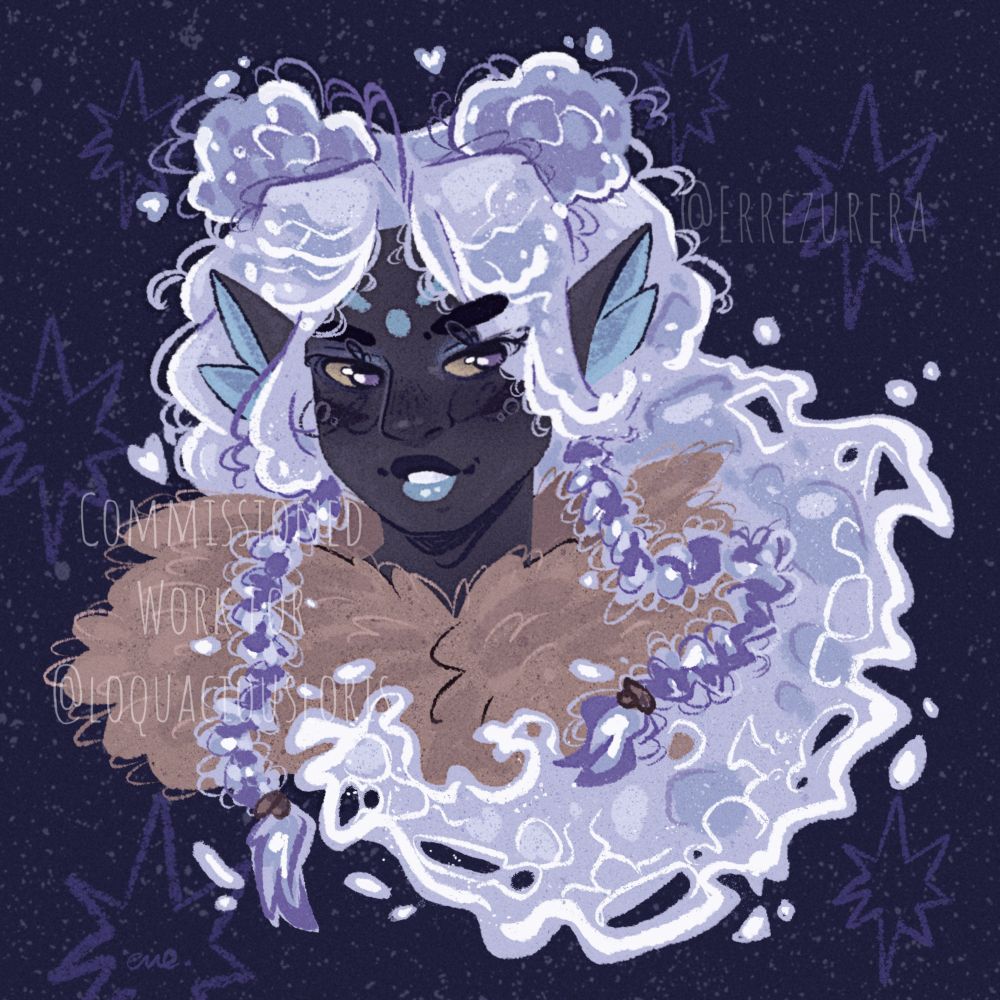 Commission of a smiling water genasi with dark grey skin and blue marks on the forehead. Long, water like hair with two braids and two buns.