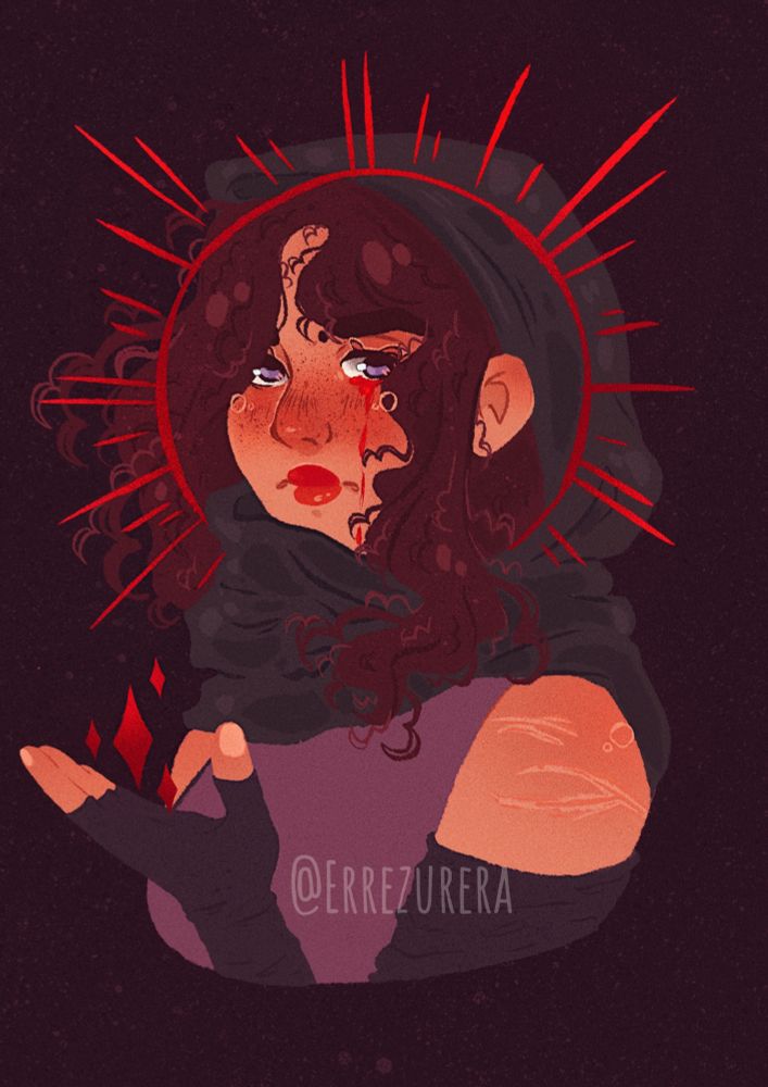 Portrait of my original character, Wena. She wears a hooded cloak, with a crown of blood encircling her head. Her purple eyes are shedding tears of blood.