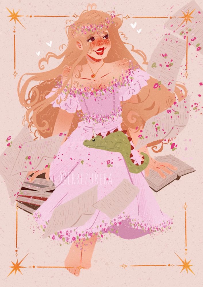 Illustration of a blonde princess in a lilac dress covered in flowers. She’s reading a book with a small dragon on her lap and pages are flying all around her. 