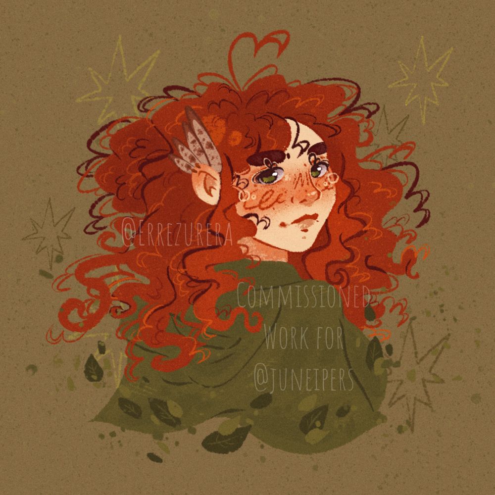 Commission of a redheaded girl with fluffy hair. She has freckles, green eyes, two piercings in her ear and some feathers tucked behind it. She’s wearing a green coat and there are leaves flying around her.