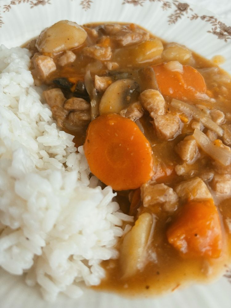 Vegan stew with white rice.