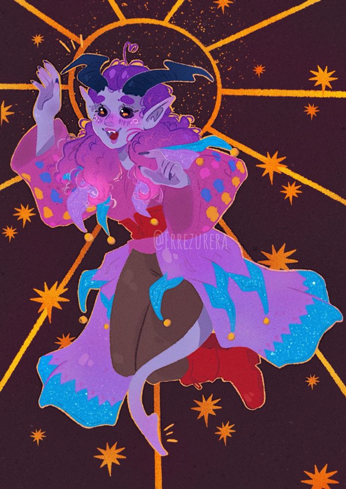 Fanart of Alfira from Baldur’s Gate 3, a tiefling bard mid-jumping and smiling. She has blue skin, orange eyes, horns, and a tail.