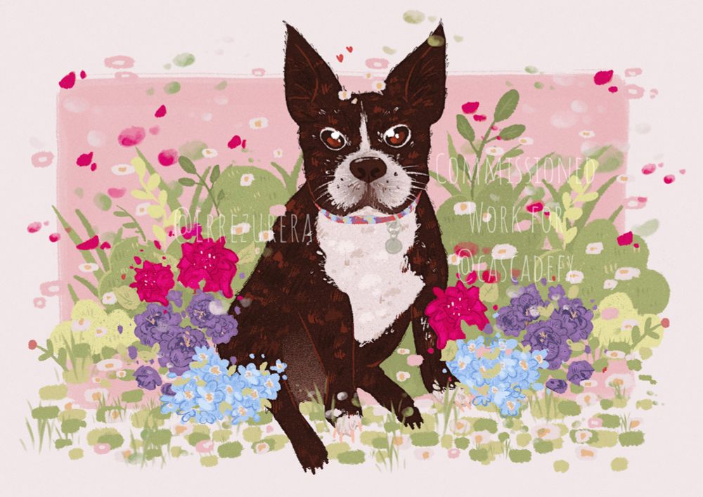 Commission of a dog sitting in the grass, surrounded by plants and colourful flowers (punks, blues, lilacs, greens). He has dark fur with white spots and brown eyes, and he’s wearing a colourful collar.
