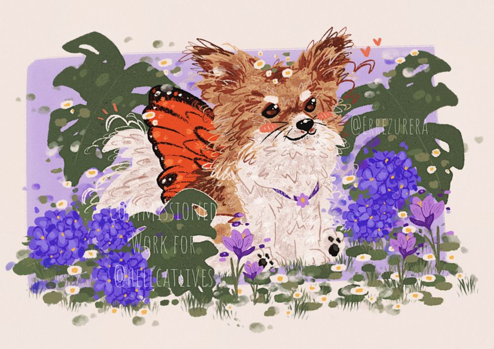 Commission of a small, fluffy white dog with brown spots. It’s wearing orange butterfly wings and is surrounded by monstera leaves, hydrangeas and crocus flowers. The background is a light lilac.