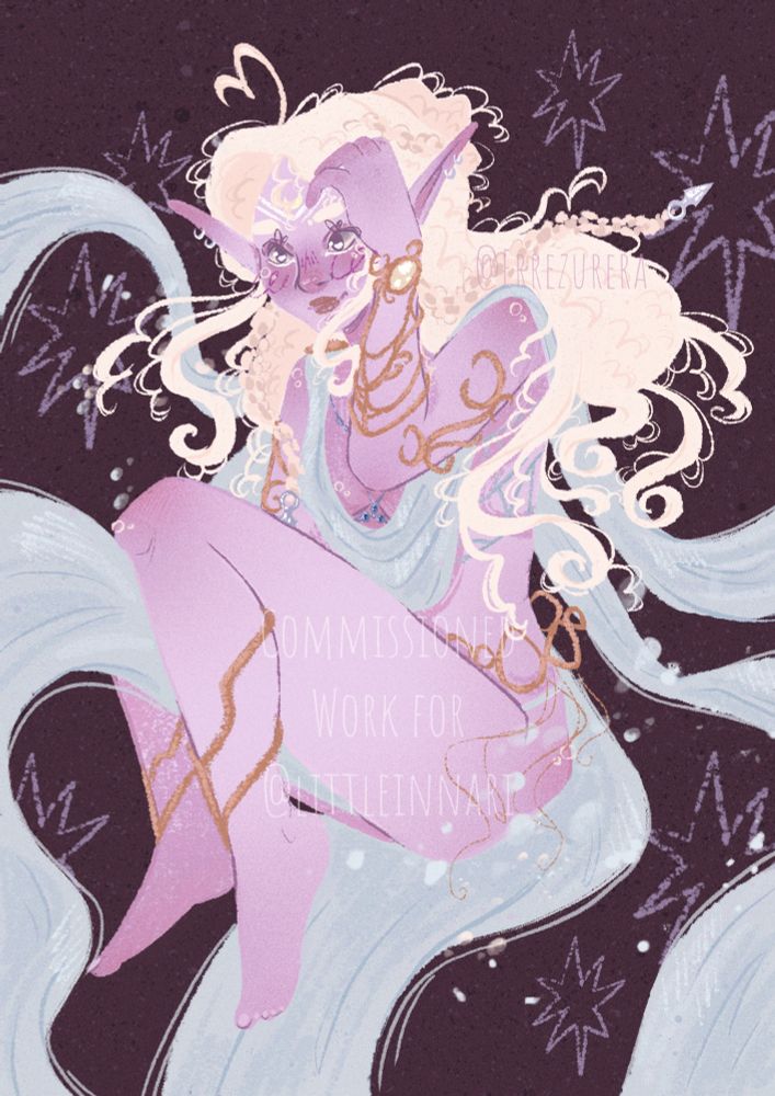 Commission of a female drow with pale lilac skin, white hair and white eyes. She’s sitting and floating in the air, wearing pale green/blue robes. She’s gently tucking her hair while smiling.