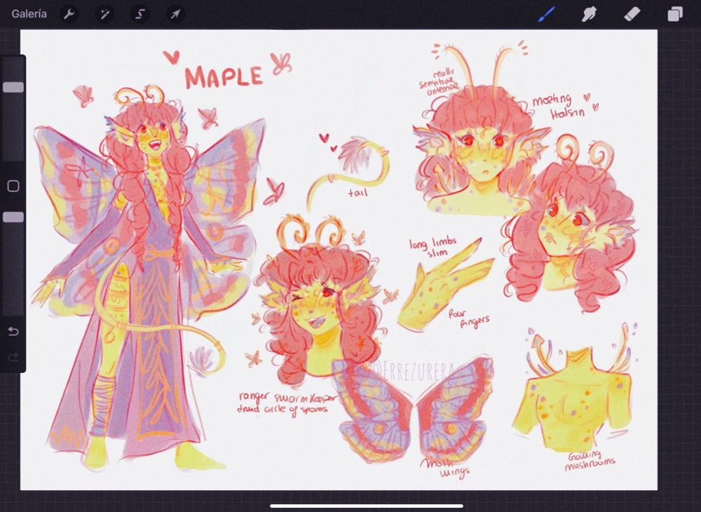 Doodle of my new oc Maple, a moth fairy. Girl with fangs smiling, green skin with colourful dots, pink hair and eyes and little antennas. Growing colourful mushrooms from her shoulders.