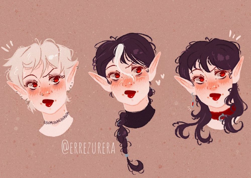 Three busts of my original vampire character, Maeve, each with a different design. The first has short white hair, the second has black braided hair with a white lock on the forehead, and the third has all-black hair styled in a wolf cut.