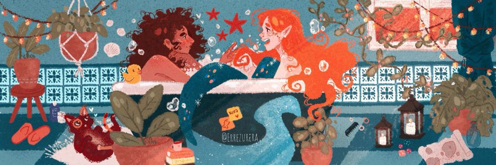 Illustration of a black woman and a ginger mermaid inside a bathtub full of bubbles. The mermaid’s tail is green. There’s a window in the corner, with plants and various objects around: a map, a message in a bottle, a cat, flip flops, a brush, books, candles, dnd dice, shampoo and more.