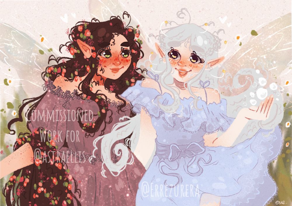 Commission of two fairies: one with long brown hair adorned with tiny flowers, green eyes, and a pink dress; the other with silvery hair, yellow eyes, and a blue dress, casting bubble magic.