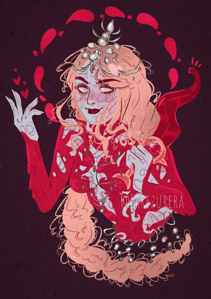 Illustration of Orin from Baldur’s Gate 3. She’s a woman with milky white skin, white eyes and long braided blond hair. She wears a red suit and is holding a red knife while smiling.