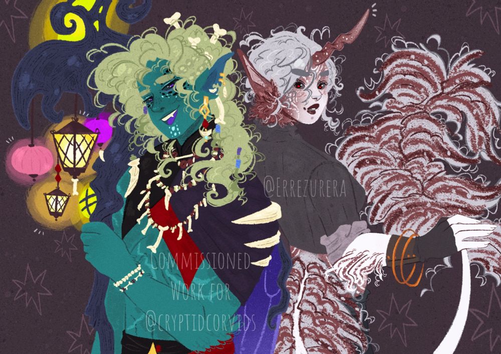 Commission of a green fairy man with a giant staff and a white and red unicorn satyr. The fairy has green skin, curly hair and purple eyes. He wears bone accessories throughout his hair and outfit. His staff has colorful lanterns and he’s smiling cockily. The unicorn satyr has white skin with red and white spots, short grey hair and a bushy tail with red stripes. She has her back turned but her head is tilted toward us with a smile.