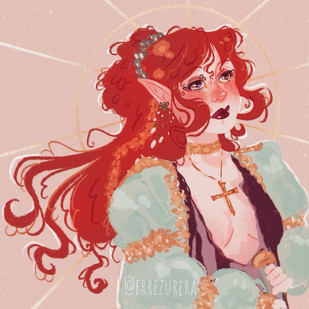 Drawing of Chappell Roan wearing the knight outfit. Long, curly red hair with golden accessories.