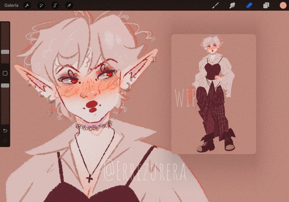 Work in progress of one of my OCs: Meave, a vampire. She has short pixie cut hair and is holding a gun. She’s wearing a blouse, a corset and a long skirt with military boots.