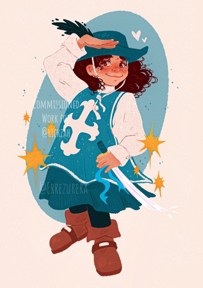 Commission of a little girl dressed as a musketeer for Carnaval. She’s wearing a blue outfit with a matching hat with a feather, brown boots and holding a sword. She’s smiling and giving a playful salute.