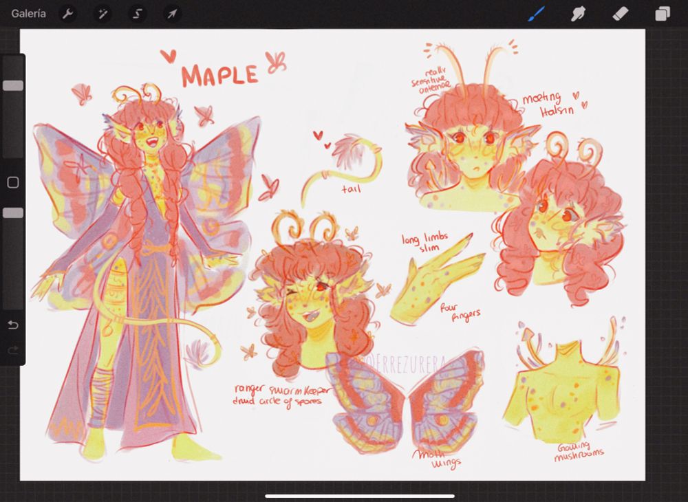 Concept art of my new oc Maple, a moth fairy. Girl with fangs smiling and looking at her flying moths (green skin with colourful dots, pink hair and eyes and little antennas). Colourful moth wings (purple, green, pink). Bust of a girl with fangs smiling and winking (green skin with colourful dots), pink hair and eyes and little antennas). Half body with growing colourful mushrooms. Colourful moth wings (purple, green, pink). Hand with four fingers (green with colourful dots).