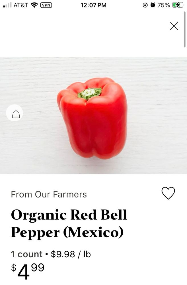 Screenshot of red bell pepper (Mexico) priced at $4.99 each