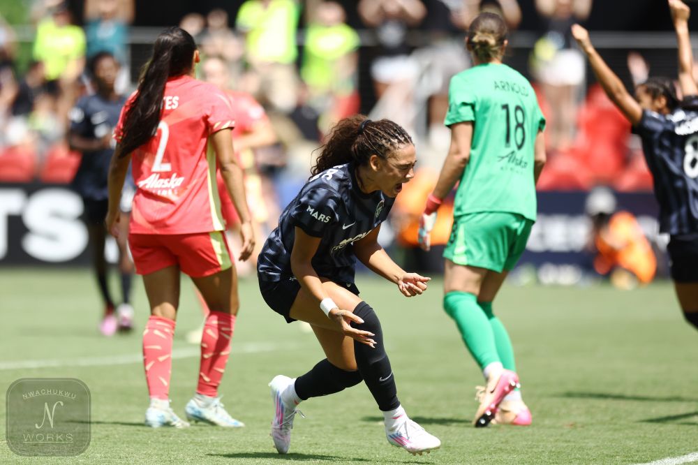 Washington, D.C. - August 03: Trinity Rodman #2 of Washington Spirit reacts after scoring against Portland Thorns FC at Audi Field on August 03, 2025 in Washington, D.C. (Tim Nwachukwu/Nwachukwu Works)