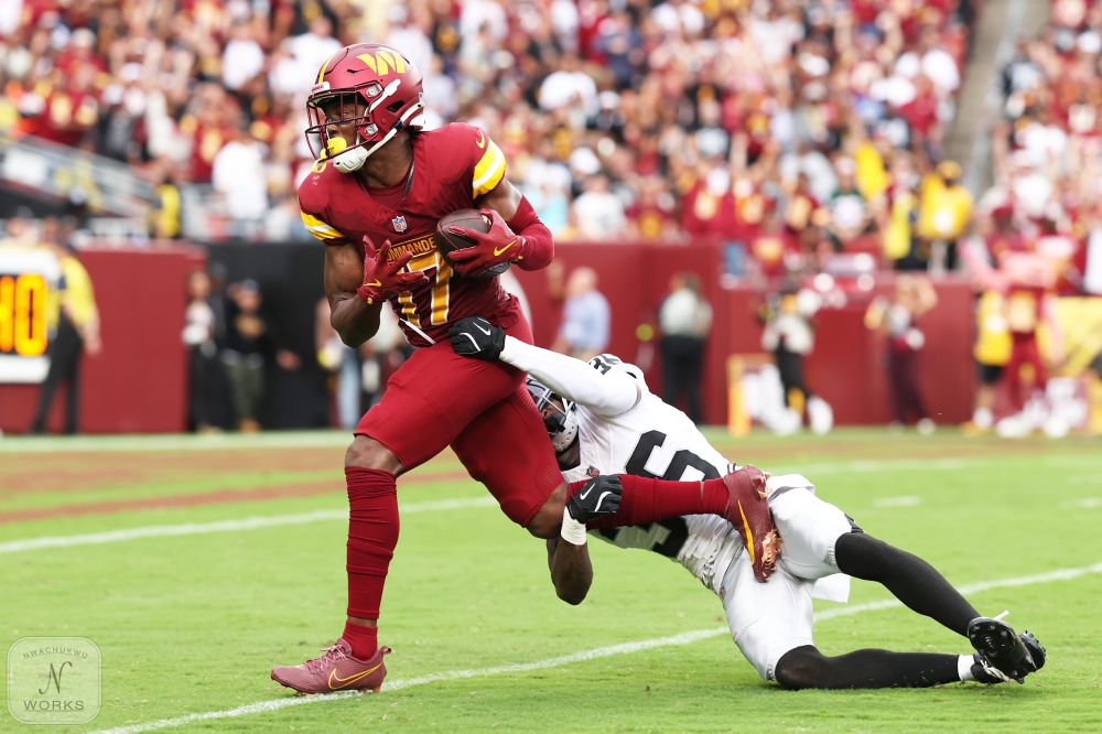 Landover, Maryland - September 21: Terry McLaurin #17 of the Washington Commanders makes a reception past Kyu Blu Kelly #36 of the Las Vegas Raiders during the third quarter at Northwest Stadium on September 21, 2025 in Landover, Maryland. (Tim Nwachukwu/Nwachukwu Works)