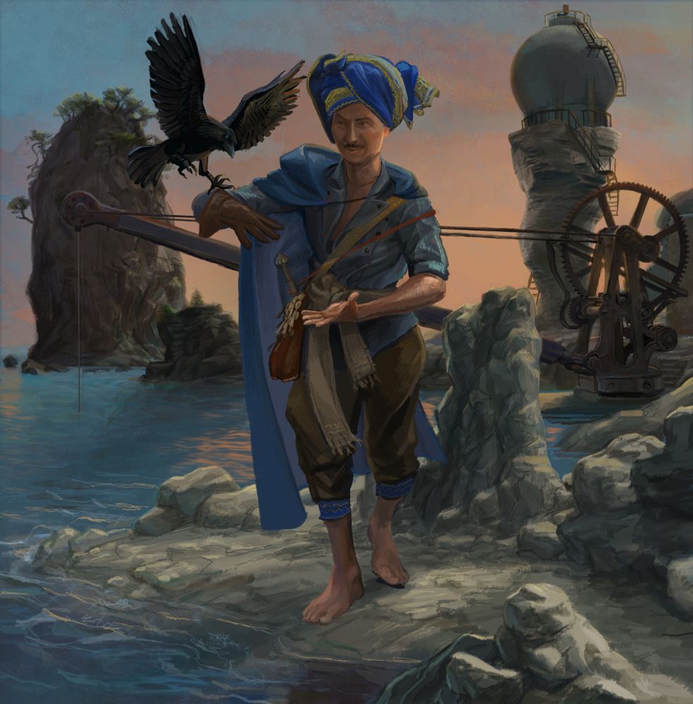 A painting of a wizard in a blue cloak walking across a rocky coastline calling a crow familiar to his right arm covered by a falconer’s glove