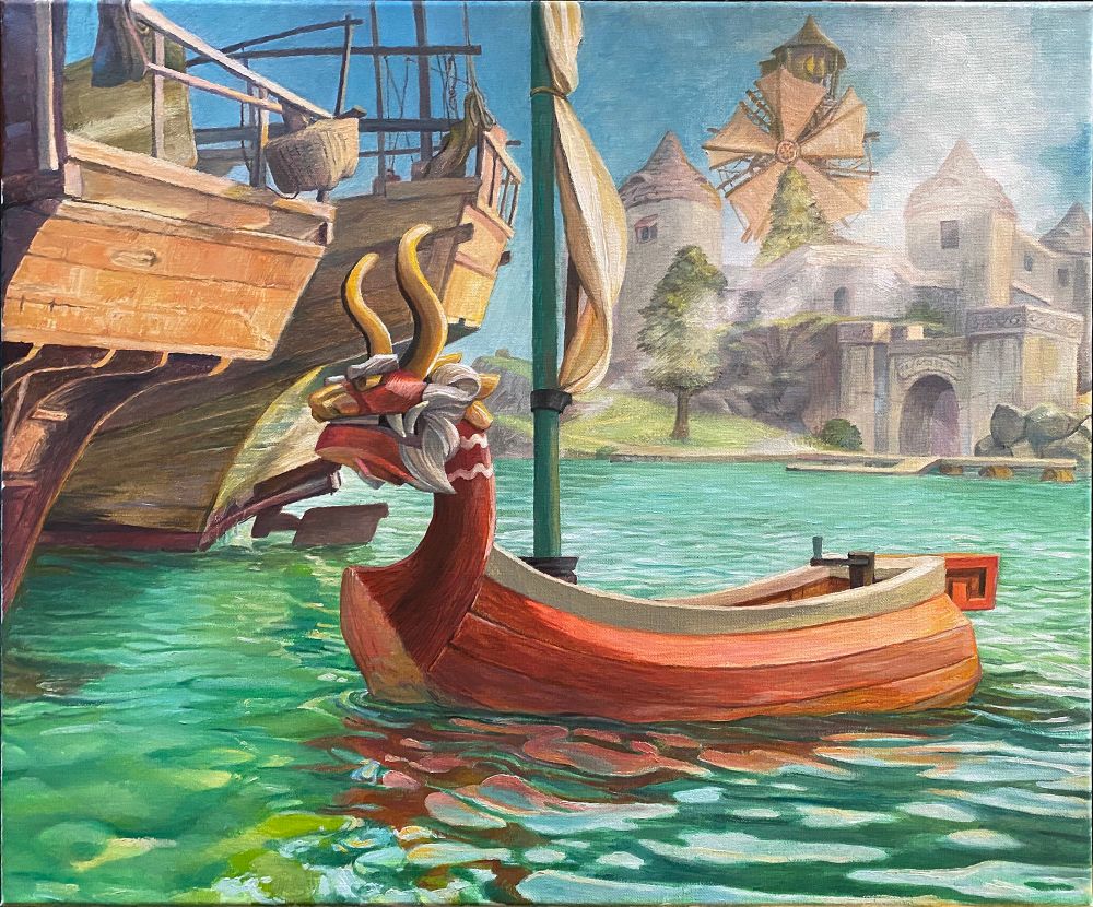 Oil painting of a boat from a Zelda game floating in the bay of a nearby island amongst other larger fishing boats
