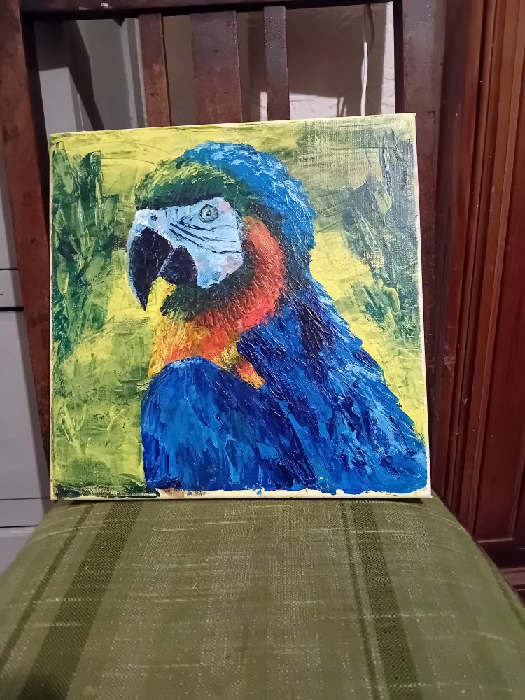 An acrylic 3/4 painting of a Macaw, done on a small square canvas.