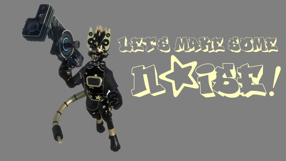 A black and gold ampwave in a jumping pose, wielding a dubstep gun and saying "Let's make some noise!"