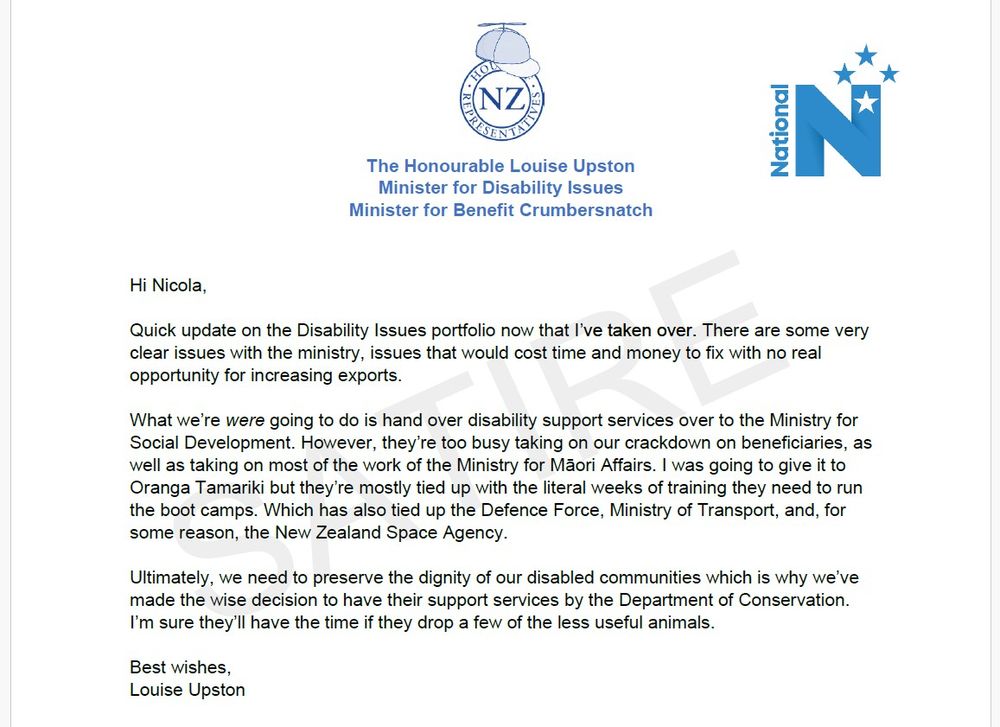 Satirical letter from Louise Upston to Nicola Willis

It's too long for the alt text, but you can see it on Instagram.