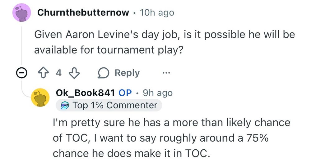 Reddit user OK_Book841 openly lifts my prediction of Aaron Levine having a 75% chance of Jeopardy ToC qualification. 