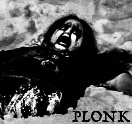 the same photo with everything cropped out but the upper half of the man's body, with multiple filters in the style of a black metal album cover, and in the lower right-hand corner in a sort of medieval looking font, the word PLONK