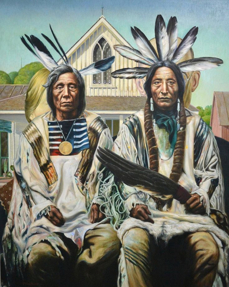 the classic painting "American Gothic" with two Native Americans painted over the two white people in the painting