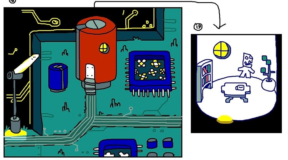 toby's drawing of the original cyber world featuring more of a cyan and black color pallete as opposed to the blue and pink of the final version