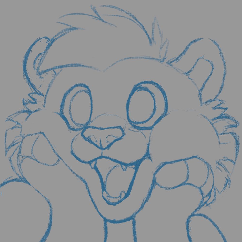 A work in progress sketch of an "Aww" emote for ThanksFurAllTheFish on Twitch, with blue lines on a grey background