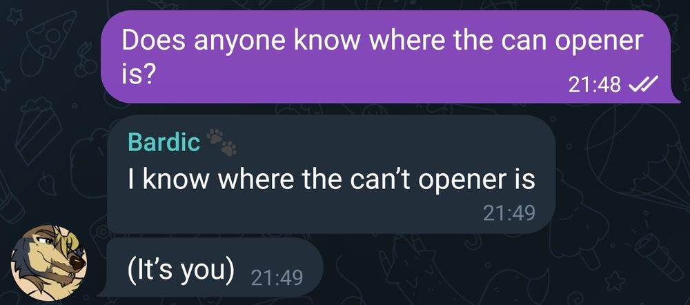 A conversation from a telegram house group chat, showing Hozz ask "Does anyone know where the can opener is?" And 2 replies from Bardic saying "I know where the can't opener is" "(It's you)"