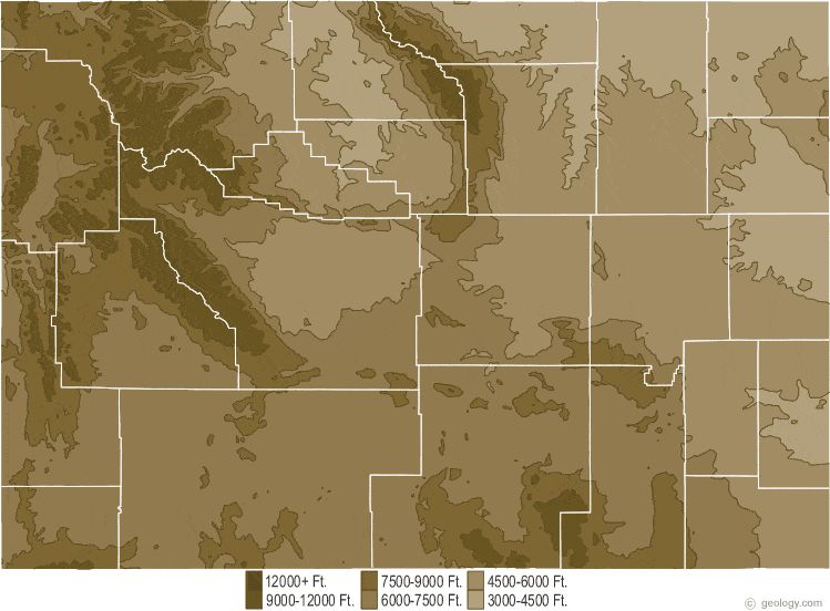 An elevation map of Wyoming with county lines overlaid