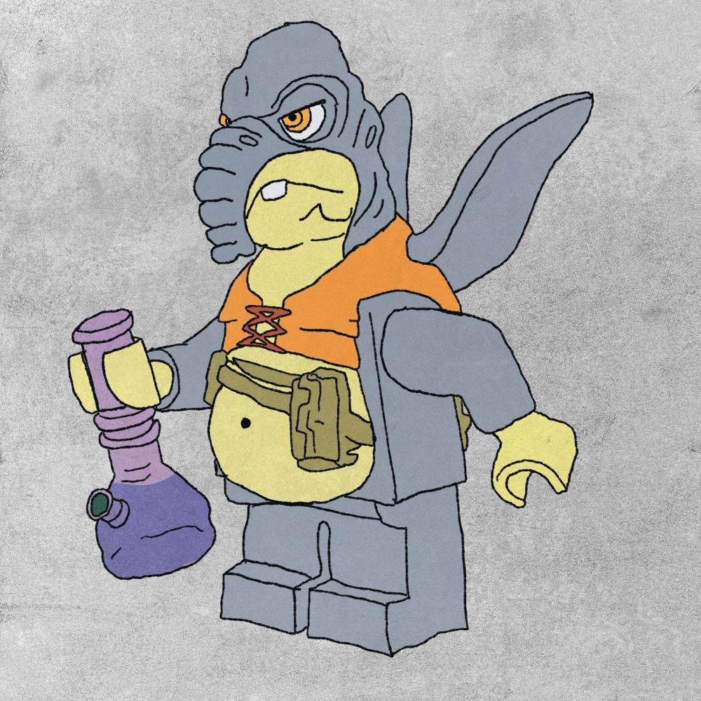 a digital drawing of lego watto holding a bong with weed in its bowl 