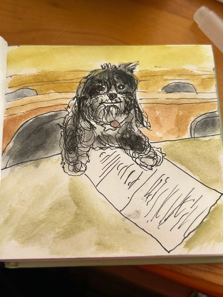 an ink and watercolor illustration of the dog in the quoted post 