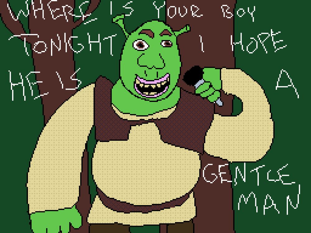 an ms paint style pixel art drawing of shrek singing “where is your boy tonight i hope he is a gentleman” 